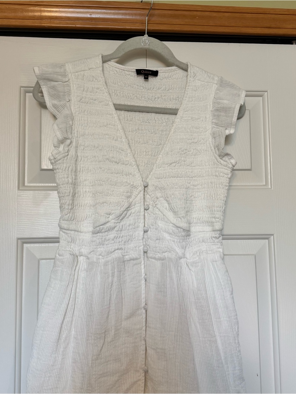 Quince Organic Textured Cotton Smocked V-Neck Midi Dress White XS - Picture 5 of 14